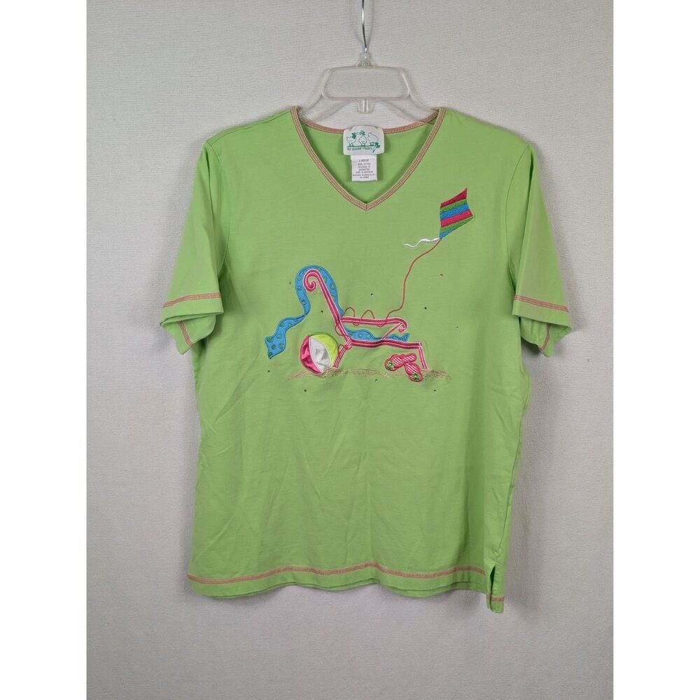 Quacker Factory Embroidered Beach Theme T-Shirt Green Women's Size Large
